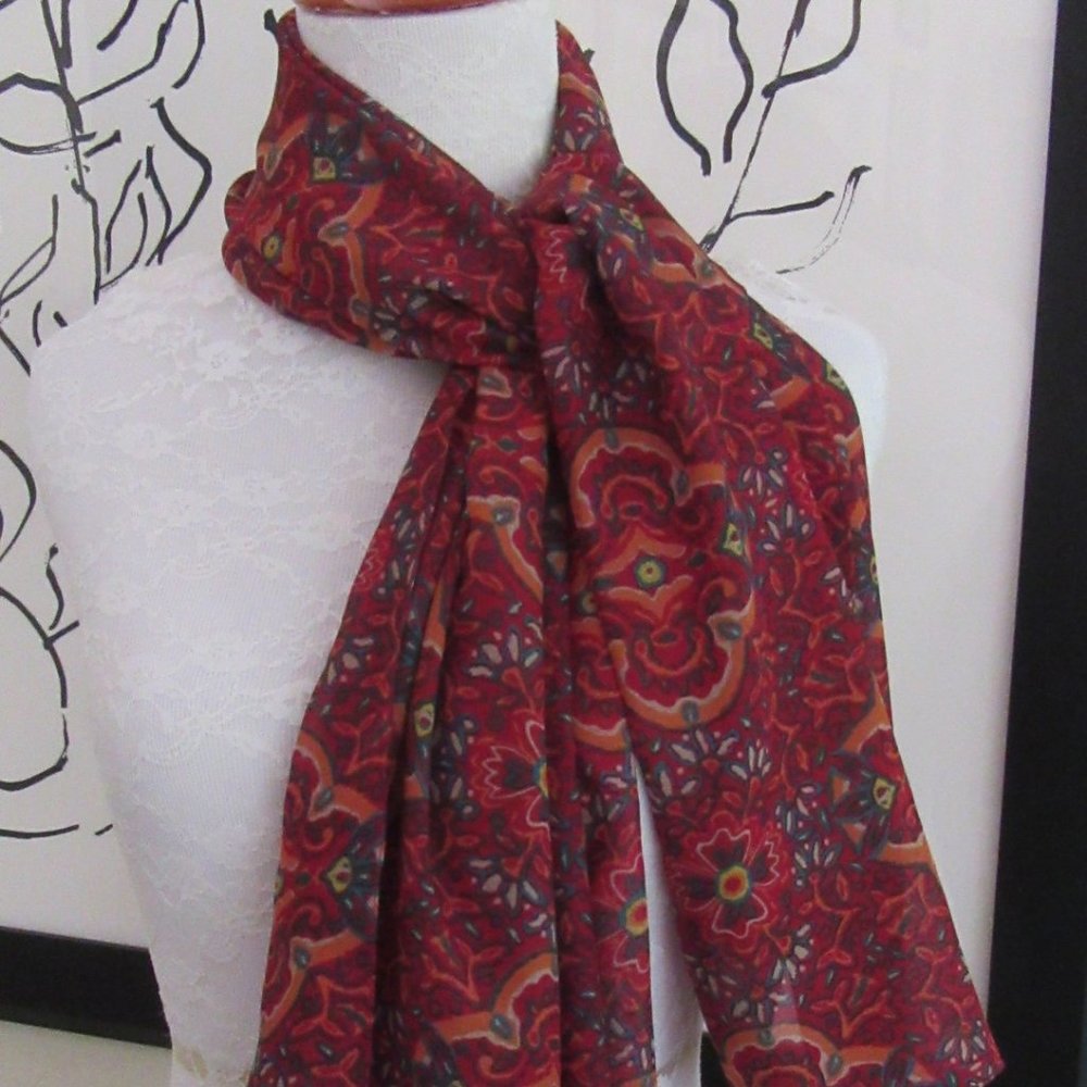 Burgundy red orange & turquoise sheer scarf wrap